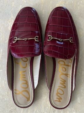 Sam Edelman Burgundy Croc-Embossed Slip-On Mules with Gold Bit